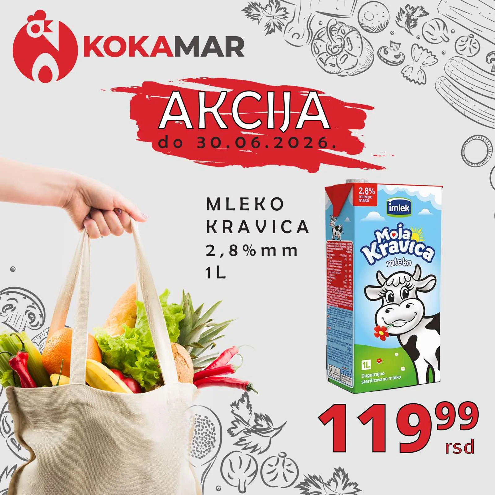 Imlek Moja Kravica mleko 2,8% 1L akcija — 119,99 rsd u Kokamar marketima do 30.06.2026.